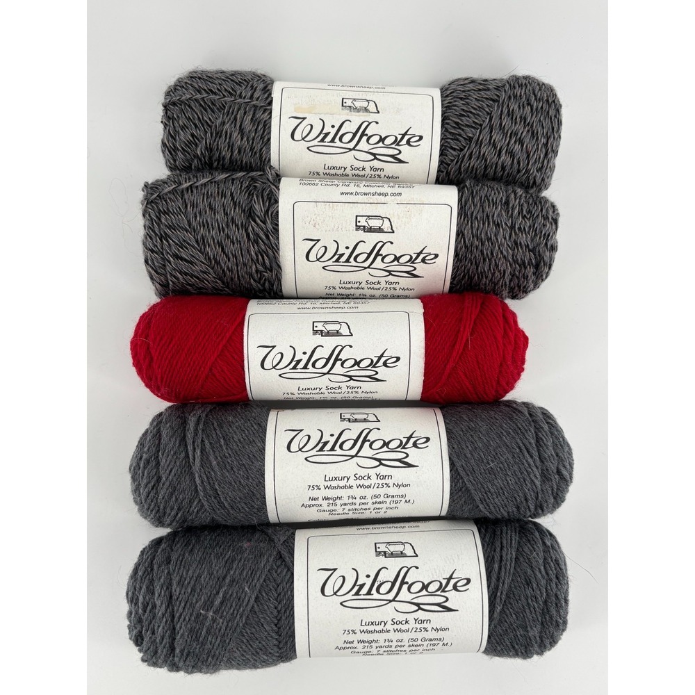 Brown Sheep Wildfoote Sock Yarn Lot of 5 Wool Nylon Gray Red USA Luxury 1075 Yds
